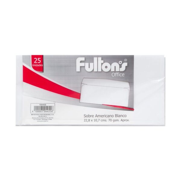 SOBRE AMERICANO 228X105MM BLANCO 70 GSM FULTONS