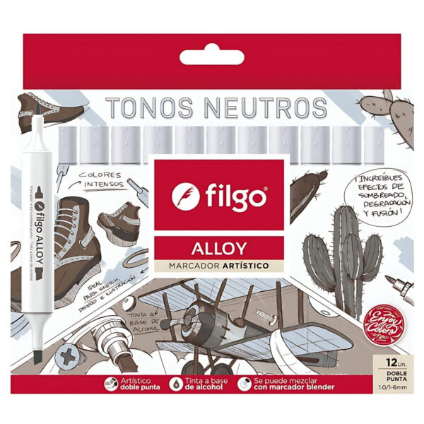 Marcador artístico doble punta ALLOY / Estuche 12 tonos grises-neutros